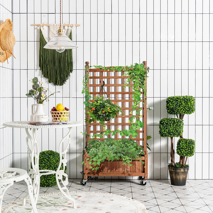 Giantex Mobile Plant Raised Bed with Lattice Trellis and Wheels