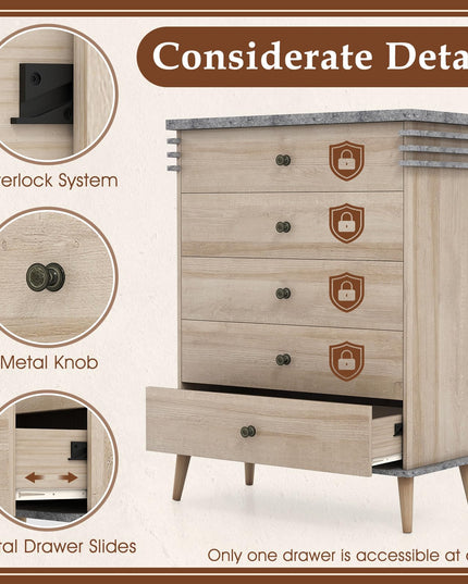 Giantex 5-Drawer Storage Cabinet with Rubber Wood Legs and Anti-Tipping Kit