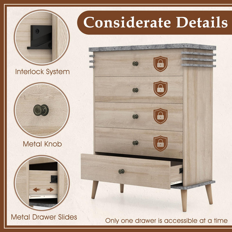 Giantex 5-Drawer Storage Cabinet with Rubber Wood Legs and Anti-Tipping Kit