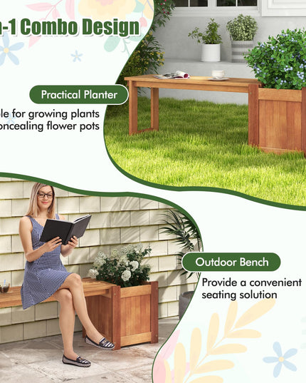 Giantex Outdoor Bench with Raised Garden Bed, Wood Seat with Teak Oil Finish, Planter Box with Open-Ended Base