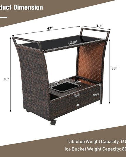 Giantex Rolling Wicker Cart Rattan Bar Cart Outdoor Serving Cart Wicker Trolley Portable Kitchen Trolley Cart W/Shelves and Big Drawer