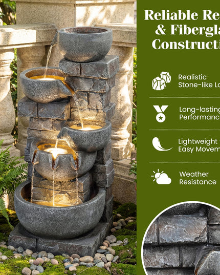Giantex 5-Tier 33"H Cascading Stacked Stone Bowl Waterfall Fountain with LED Lights & Pump