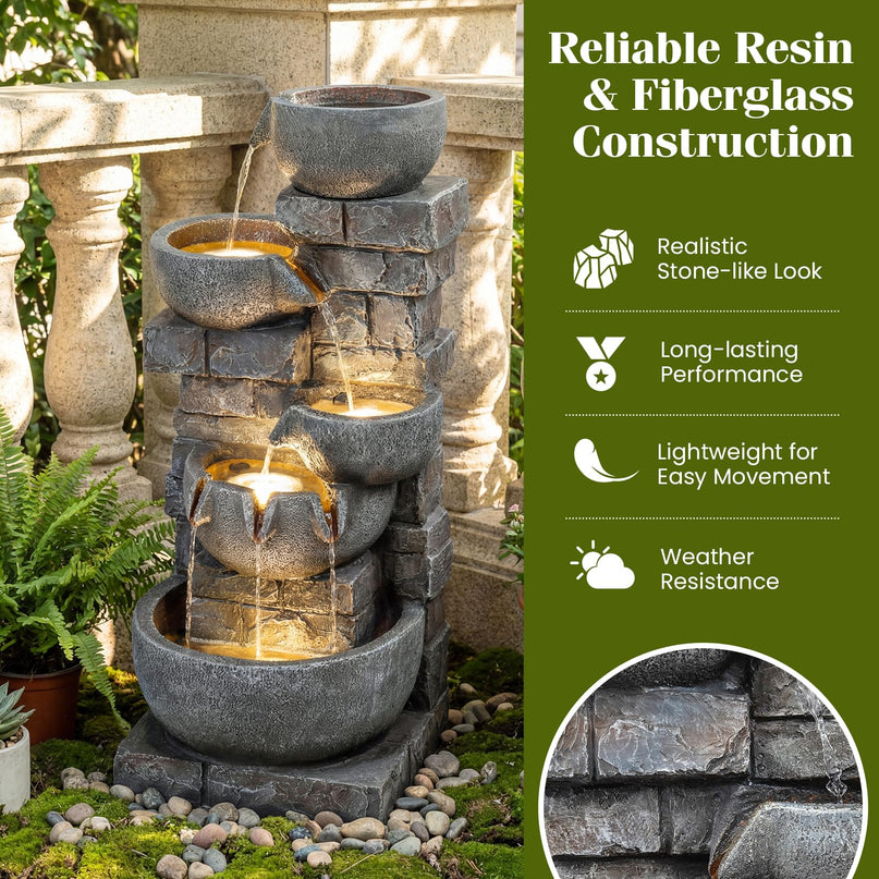 Giantex 5-Tier 33"H Cascading Stacked Stone Bowl Waterfall Fountain with LED Lights & Pump