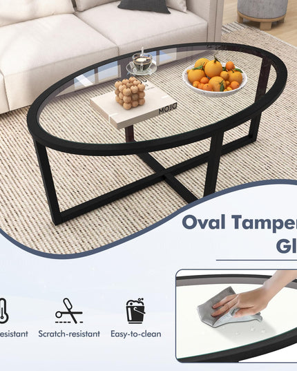 Giantex Glass Coffee Table, 46.5" Oval Accent Sofa Tea Table with Tempered Glass Top, Cross Base & Acacia Wood Legs