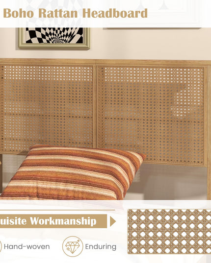 Giantex Bed Frames with Rattan Headboard, Boho Solid Wood Platform Bed with Wooden Slats