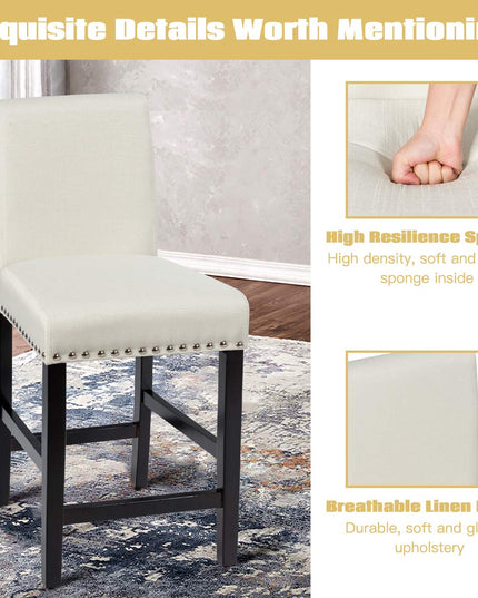 Giantex Upholstered Counter Height Bar Stools w/ Rubber Wood Legs, Breathable Linen Fabric