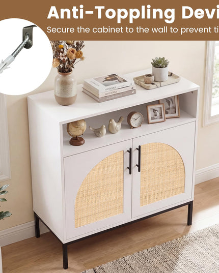 Giantex 32" Sideboard Buffet Cabinet with 2 Natural Rattan Decorated Doors (1/2)