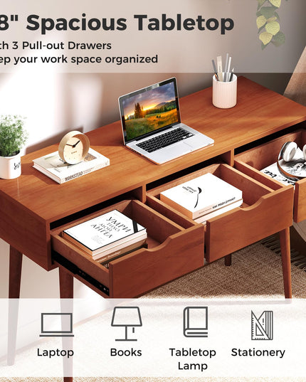 Giantex Writing Desk with 3 Drawers, 48" Computer Desk with Solid Wood Legs, Mid Century Modern Work Table