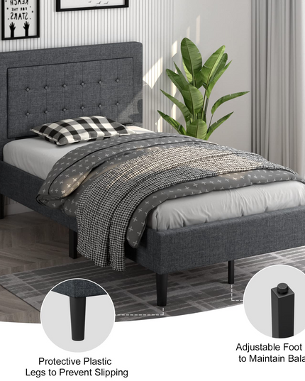 Modern Platform Bed w/Button Tufted Headboard | Upholstered Bed Frame