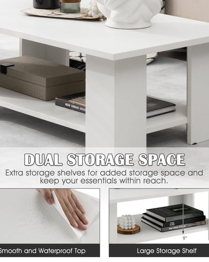 Giantex Wood Coffee Table w/Storage Shelf, 36"L 2-Tier Large Modern Tea Table, White