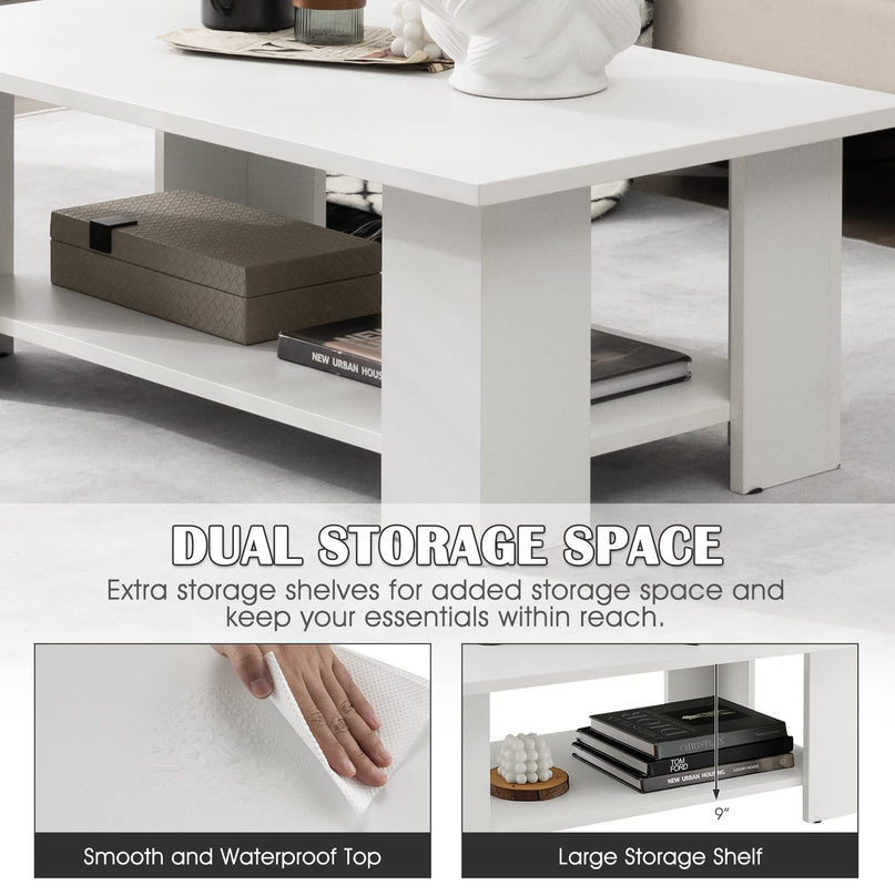 Giantex Wood Coffee Table w/Storage Shelf, 36"L 2-Tier Large Modern Tea Table, White