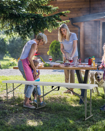 Outdoor Folding Camping Table with 2 Long Benches HDPE Metal Legs BBQ Party Patio Lawn Garden (White)