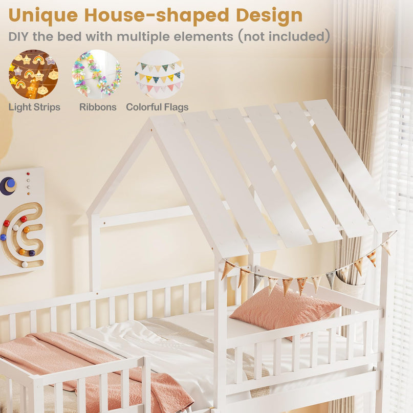 Giantex Twin Over Twin House Bunk Bed Low Loft Bed Frame