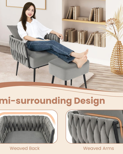 Giantex Velvet Accent Chair with Ottoman, Modern Comfy Arm Chair w/Solid Metal Frame, Pillow