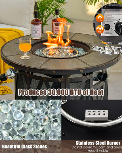 Giantex 32" Gas Fire Pit Table - 30,000 BTU Round Outdoor Fire Pit with Lid, PVC Cover, Glass Stones, Black