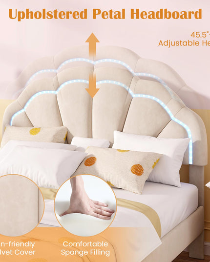Giantex Full Size LED Bed Frame, Velvet Upholstered Full Platform Bed with Adjustable Cloud Headboard
