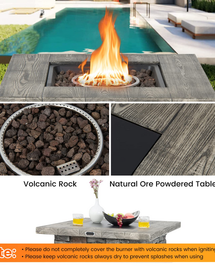 34.5" Propane Gas Fire Pit Table - Patio 2-in-1 Outdoor Square Fire Table W/ Volcanic Rock & PVC Cover