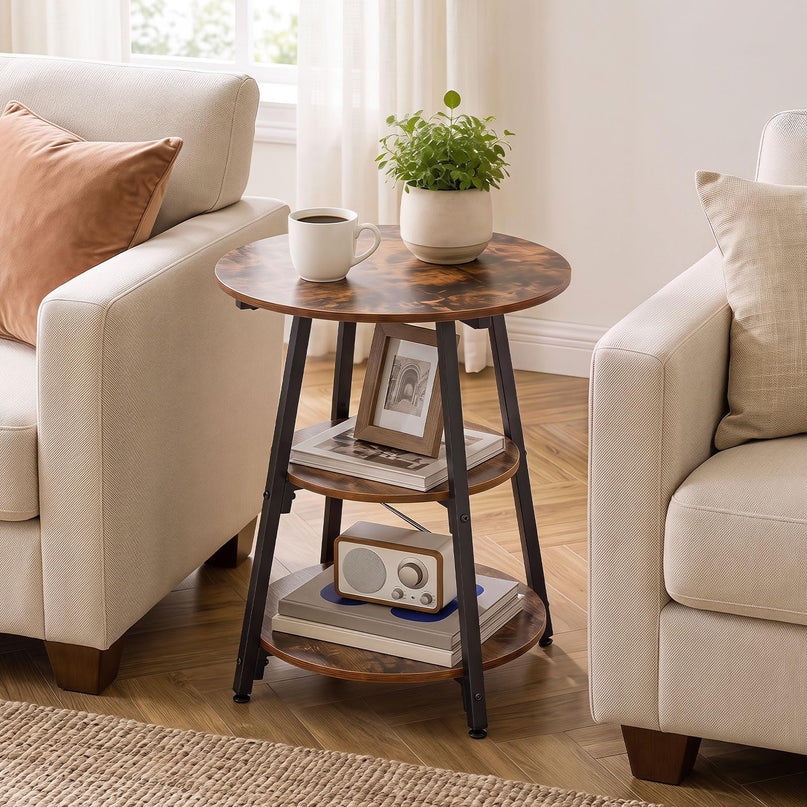 GIANTEX Round Industrial Side Table with Storage Shelves