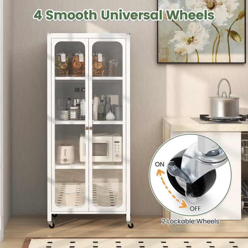 Giantex Bookcase with Doors, 58" Tall 4-Tier Bookshelf with Wheels, Adjustable Shelves (White)