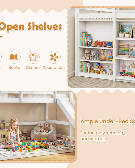 GIANTEX Twin Size Loft Bed with Slide Ladder Storage Shelves for Kids