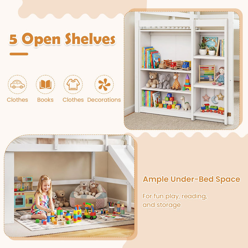 GIANTEX Twin Size Loft Bed with Slide Ladder Storage Shelves for Kids