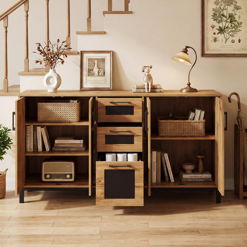 Giantex Buffet de style rustique de 160 cm avec 3 tiroirs et étagères de rangement