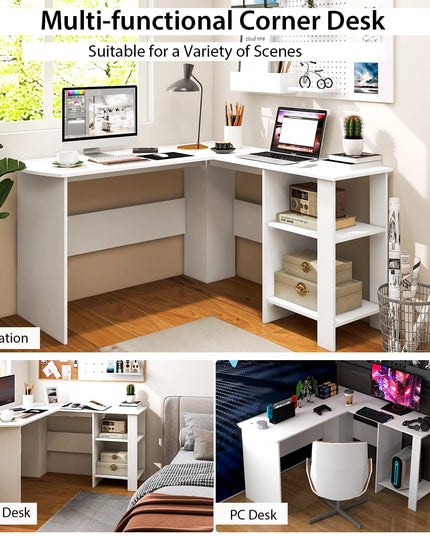 Giantex L Shaped Computer Desk, 51" Large Corner Desk with 2 Cable Holes & 2 Storage Shelves, White