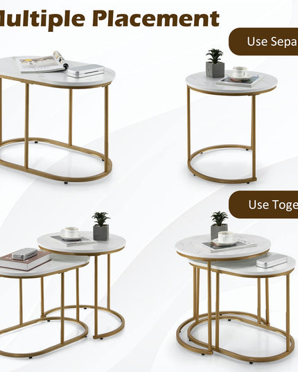 Giantex Modern Nesting Coffee Table Set of 2, Accent Marble Look Stacking Side Table for Living Room Bedroom