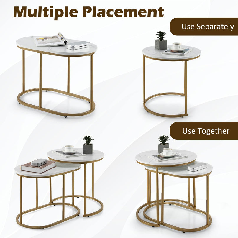 Giantex Modern Nesting Coffee Table Set of 2, Accent Marble Look Stacking Side Table for Living Room Bedroom