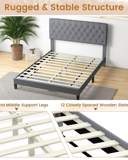 Giantex Queen Bed Frame, Upholstered Platform Bed with Button Tufted Headboard and Solid Wooden Slats Support