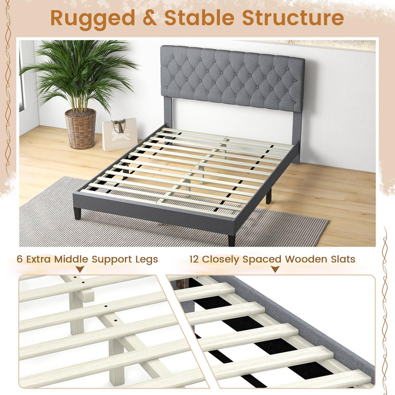 Giantex Queen Bed Frame, Upholstered Platform Bed with Button Tufted Headboard and Solid Wooden Slats Support