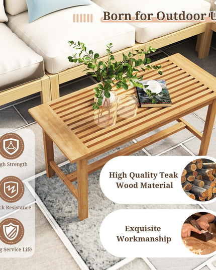 Giantex Teak Wood Patio Coffee Table - 36” Rectangular Outside Side Table with Slatted Tabletop