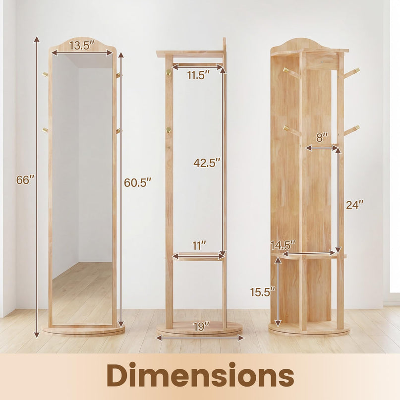 Giantex 66" x 19" Wood Floor Standing Mirror with 2 Clothes Rods