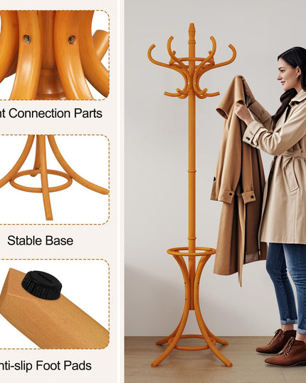 Giantex Solid Wood Coat Rack, Freestanding Hall Tree w/12 Hooks, Umbrella Holder, Entryway Hanger Stand for Coat