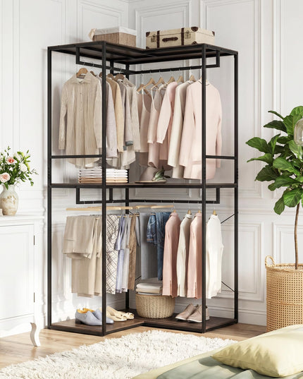 Giantex 3-Tier L-Shaped Garment Rack w/3 Open Shelves & 2 Hanging Racks