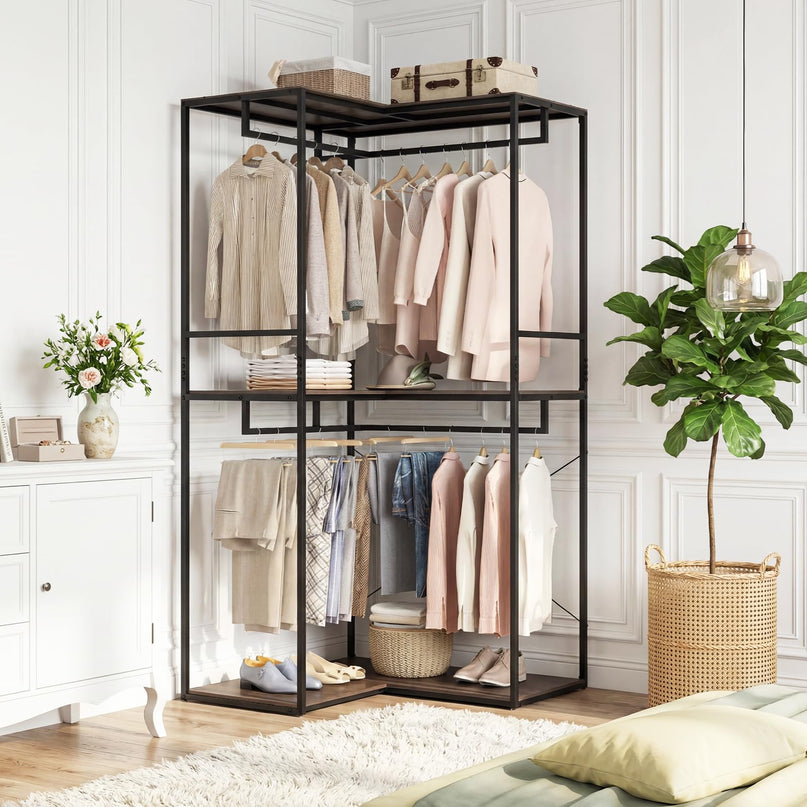 Giantex 3-Tier L-Shaped Garment Rack w/3 Open Shelves & 2 Hanging Racks