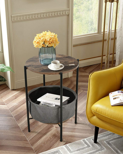 End Table Round Sofa Side Table W/Durable Storage Fabric Basket