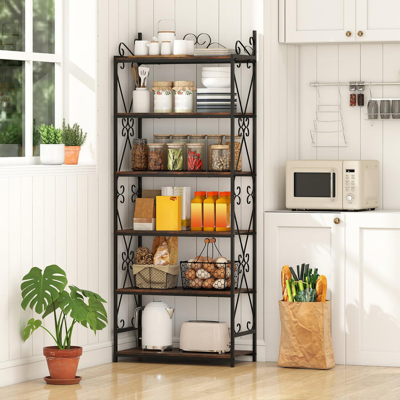 Giantex 6-Tier Industrial Bookcase with Scrollwork Metal Frame & 2 Anti-Tipping Kits