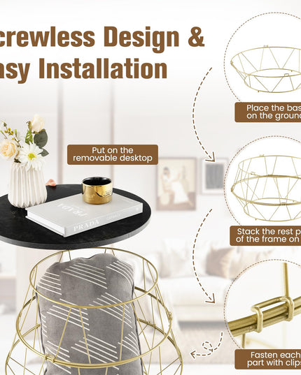 Giantex Round Coffee Table, Faux Marble Side End Table with Gold Metal Frame & Removeable Top