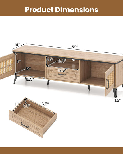 Meuble TV Giantex pour téléviseurs 60/65 pouces | Meuble de divertissement bohème avec placards de rangement