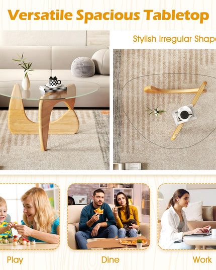 Giantex Triangle Glass Coffee Table, Solid Wood Tea Table with Tempered Glass Top & Adjustable Base