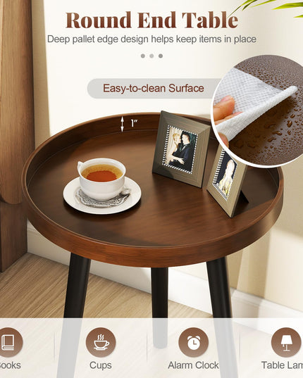 Giantex Round End Table with Wooden Tray & Bamboo Legs