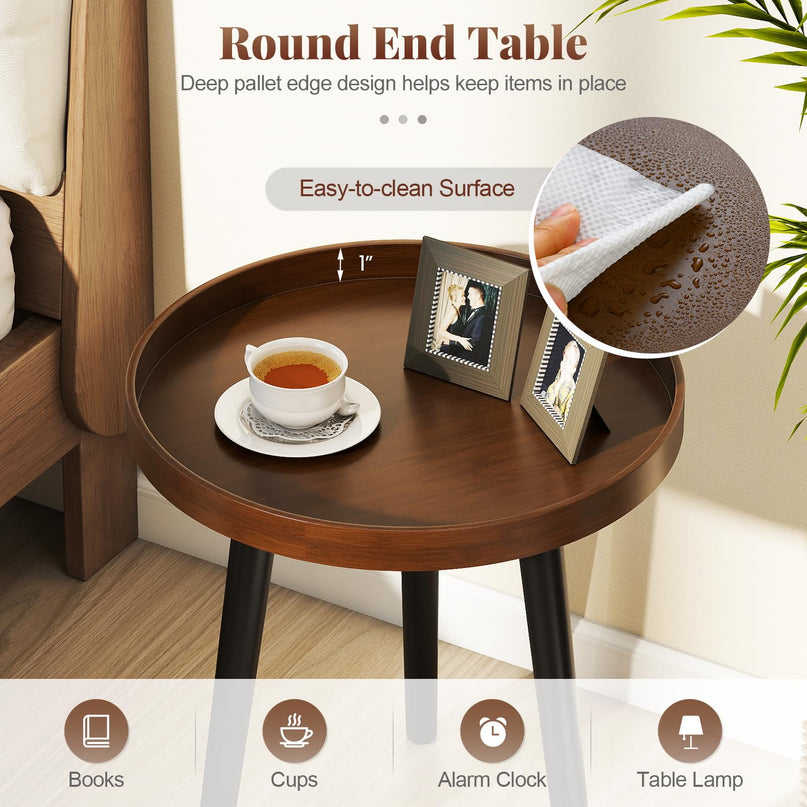 Giantex Round End Table with Wooden Tray & Bamboo Legs