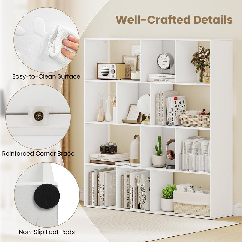 Giantex 4-Tier Modern Bookshelf with 12 Storage Compartments & 2 Anti-Tip Kits