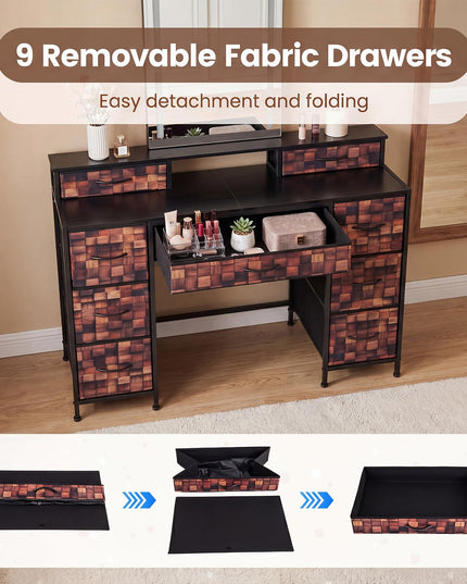 CHARMAID Industrial Vanity Desk with 9 Fabric Drawers & Top Storage Shelf