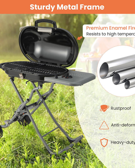 Giantex Gas Grill, Portable Propane Grill with 15,000 BTUs Burner, Side Table, 2 Wheels, Grease Tray