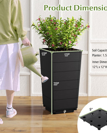 Giantex Set of 2 Outdoor Flower Pot, 23" Tall Planters with Drainage Hole, Self-Watering Tray