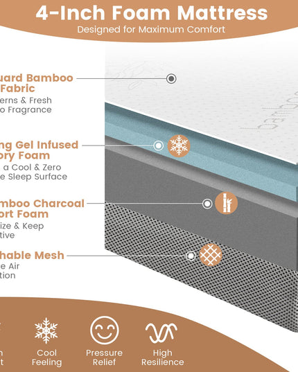 Giantex 4 Inch Tri Folding Mattress,CertiPUR-US Gel-Infused Memory Foam with Bamboo Cover Carry Bag
