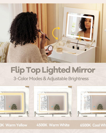 CHARMAID 3-in-1 Vanity Desk with Flip-Top LED Mirror