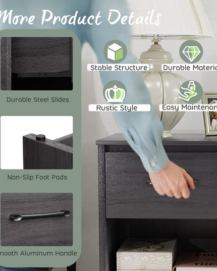 Nightstand w/Drawer, Wooden End Table w/Open Storage Compartment